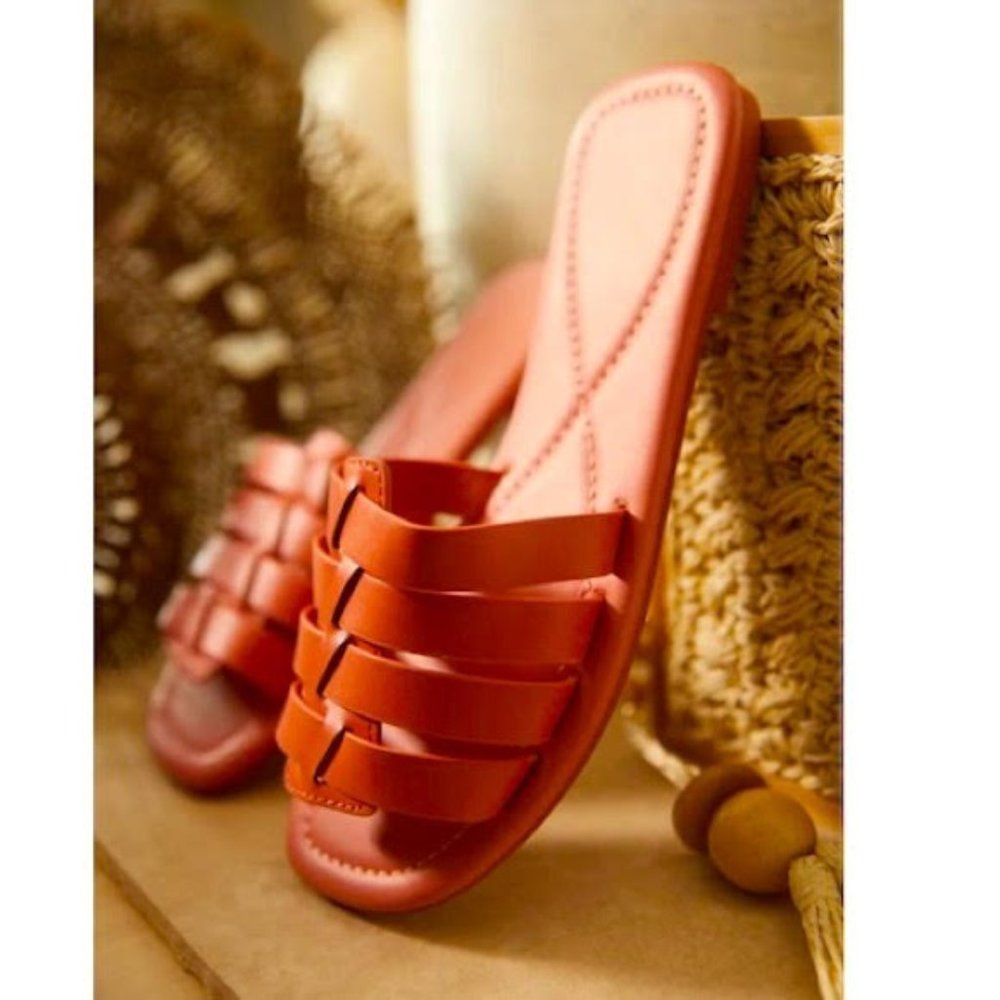 !! NEW !! Soft Vegan Leather Caged Slide Sandals in Deep Coral